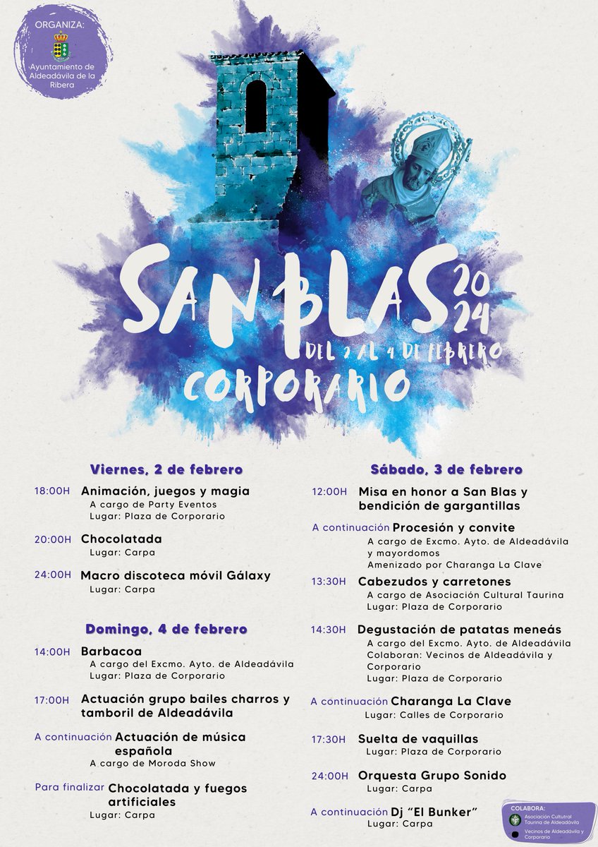 ✨SAN BLAS 2024✨

En dos semanas volveremos a disfrutar en Corporario de un fin de semana de música, bailes, vaquillas, comida y buen ambiente😉

💥¡Arranca la cuenta atrás para #SanBlas2024!💥

¿Te apuntas?😉

 #AldeaViva #AldeadávilaComunica #ConectaAldeadávila