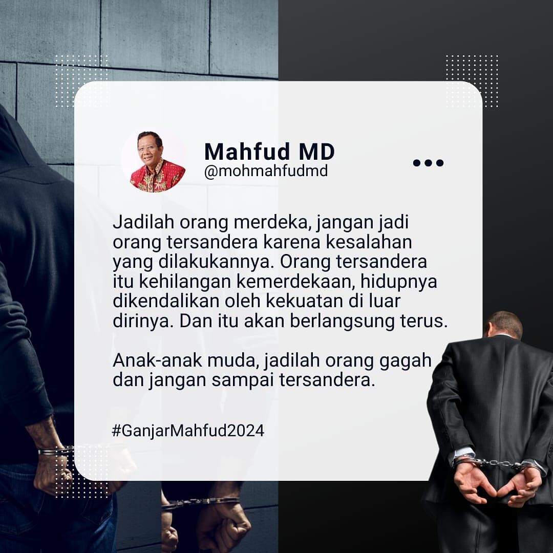 PDI_Perjuangan's tweet photo. Jadilah orang merdeka, jangan jadi orang tersandera karena kesalahan yang dilakukannya. Orang tersandera itu kehilangan kemerdekaan, hidupnya dikendalikan oleh kekuatan diluar dirinya. Dan itu akan berlangsung terus. Anak-anak muda, jadilah orang gagah dan jangan sampai tersandera.

#PDIPerjuangan
#HUTPDIPerjuanganKe51
#KebenaranPastiMenang
#SatyamEvaJayate
#GanjarMahfud2024
#MEnangkanGAnjar
#Nomor3Pilihanku