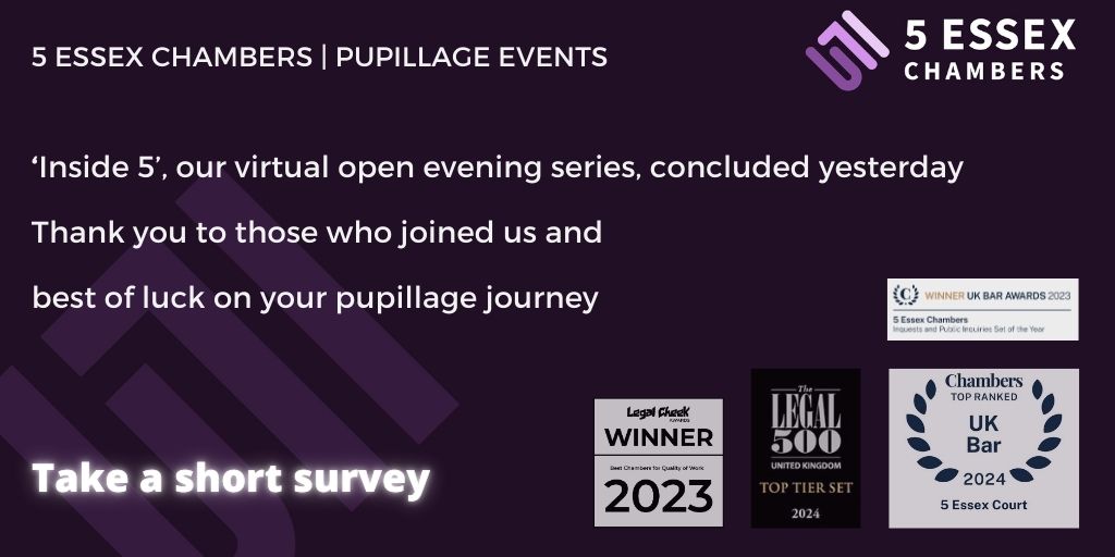 Last night, we hosted the second Pupillage virtual open evening. Thank you to @pupillages for organising and to everyone who attended and asked questions.
Take a short survey to share your feedback if you attended: bit.ly/3tZH8Jx.

#Pupillage #5ECevents #5ECInside5