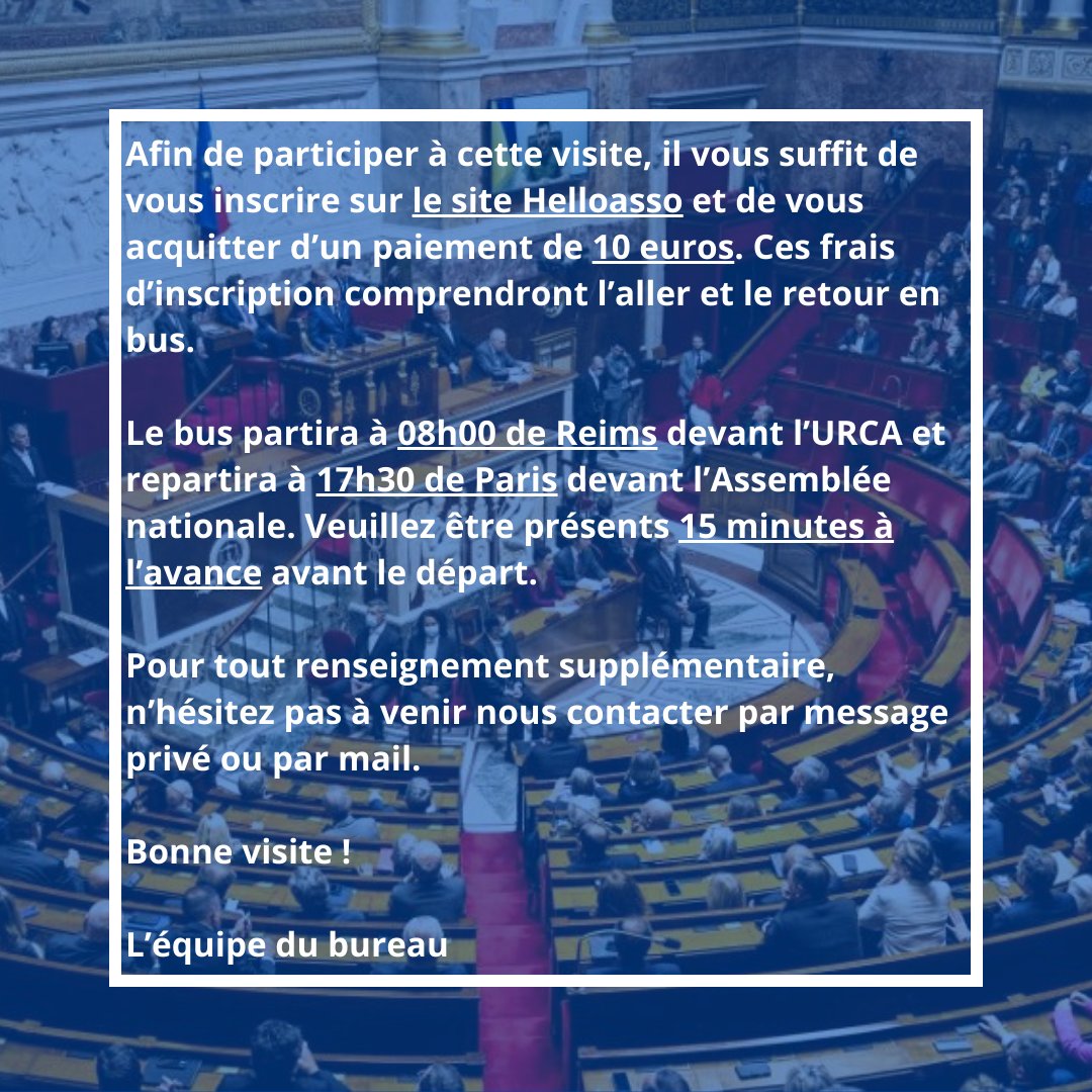 PEReims's tweet image. Chères étudiantes et chers étudiants,

La section rémoise du Parlement des étudiants vous convie à une visite de l'Assemblée nationale le jeudi 1er 2024.

Lien d'inscription pour la visite de l'Assemblée nationale  : helloasso.com/associations/p…