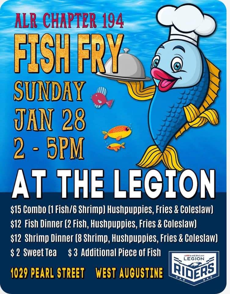 Sunday, Jan. 28, 2024, from 2PM-5PM, Fish Fry hosted by American Legion Riders Chapter 194 (1029 Pearl St, St. Augustine, FL 32084), join us for great food! #sundayfunday #letsplay #RidersLeadTheWay #ProudToBeLegion