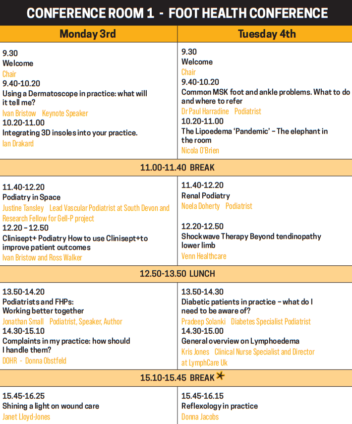FoothealthC's tweet photo. The conference programme is here🤩Book now on https://t.co/ioJi1afQRb
#podiatry #foothealth #insoles #diabetes #msk #reflexology #lymphoedema #woundcare https://t.co/9zGm9EtSkb