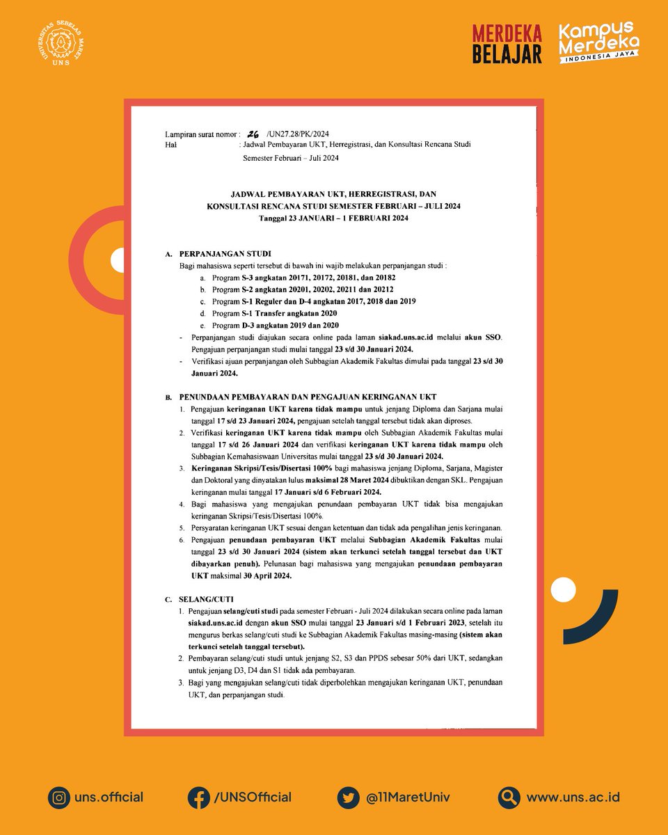 11MaretUniv's tweet photo. #InfoUNS - Jadwal Pembayaran UKT, Herregistrasi, dan Konsultasi Rencana Studi Semester Februari - Juli 2024 akan dilaksanakan pada tanggal 23 Januari sampai 1 Februari 2024

Catat tanggalnya dan jangan sampai terlewat yaa Sobat Semar🙌🏻

#uns #universitassebelasmaret https://t.co/kfkDC9NBd7