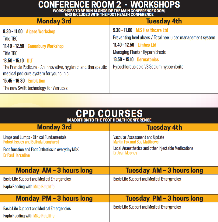 FoothealthC's tweet photo. And there are free workshops to attend too! As well as paid CPD Courses that you can book to boost or update your knowledge. Book on https://t.co/e6eA4m32Jq
#podiatry #biomechanics #firstaid #localanaesthetics #vascularassessment #haplapadding https://t.co/Wsc8zMMxKm