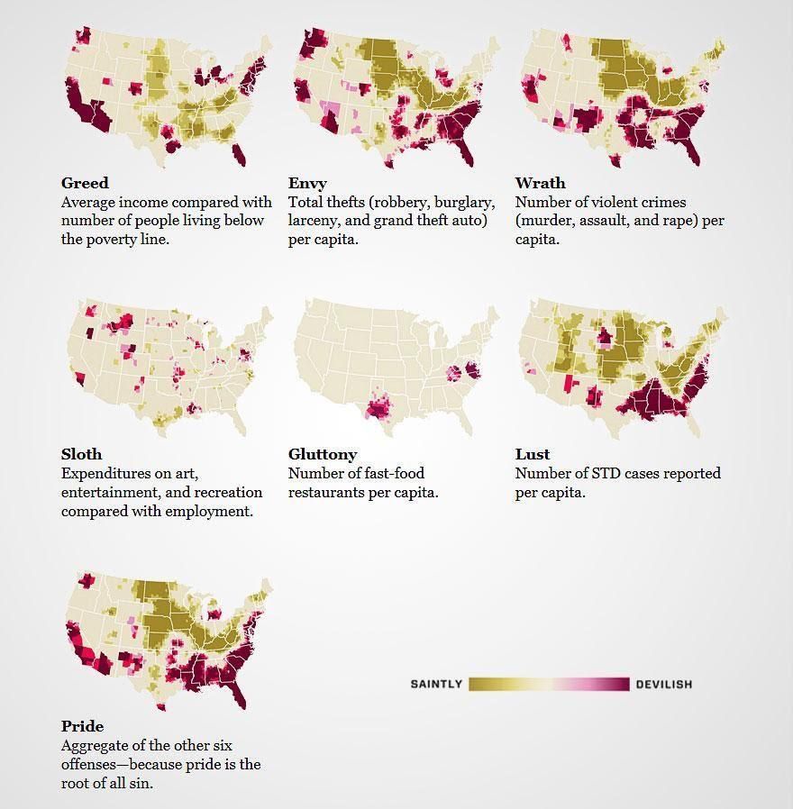 The funniest thing about this map of the 'Seven Sins of the US' is that there are no saintly areas regarding gluttony. Source: buff.ly/2WUpZx0