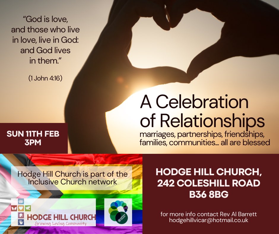 #ValentinesDay is not far away! Whether you’re in a lifelong partnership or thankful for your closest friendships, we’d love to invite you to join us @HodgeHillChurch in a fun, inclusive Celebration of Relationships service on the afternoon of Sunday 11th Feb, 3pm. 🌈🥰🥳