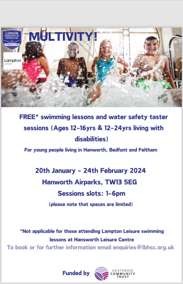 Happy Friday! Let's spread the voice for our multivity Project funded by Heathrow Community Trust and in Partnership with #lamptonleisure. Together, we can make a difference in our community! #SportEngland #heathrowcommunity #Swimengland #Sky #BBCBreakfast