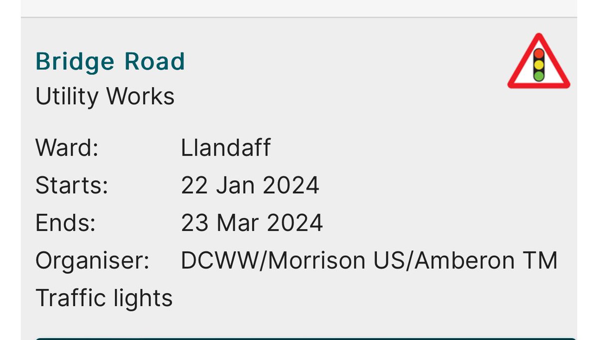 #Cardiff traffic: From Monday 22 Jan there will be roadworks on Bridge Road, Llandaff, for three months. Single lane traffic. It is already very bad at peak times — so beware.