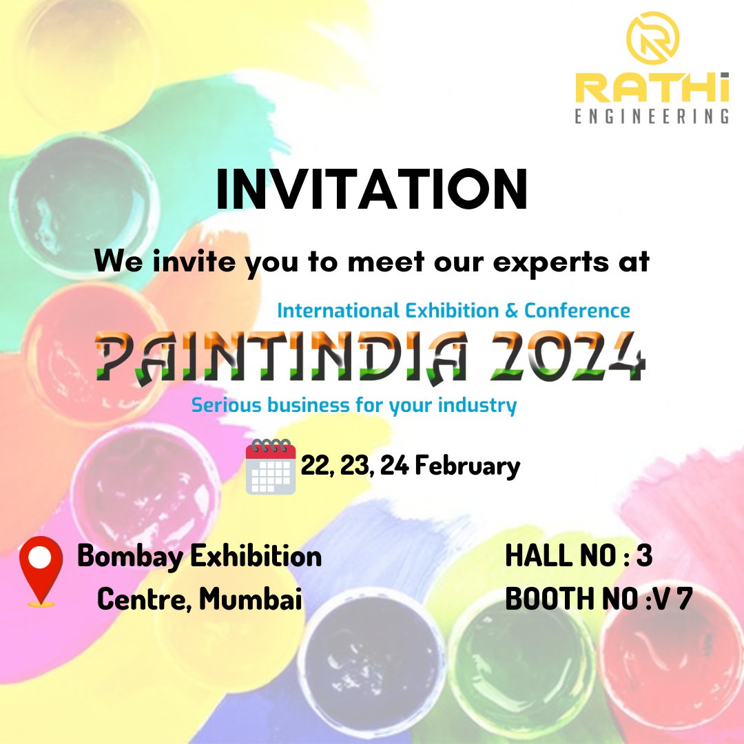 rathi_solutions's tweet image. We are delighted to invite you to visit our showcase at the upcoming #PAINTINDIA Expo, scheduled to be held at the #BombayExhibitionCentre from February 22 to 24, 2024. 
#PaintIndiaExpo #PaintsAndCoatings #Expo2024 #InnovateWithRathi #RathiEngineering #RathiAtPaintIndia
