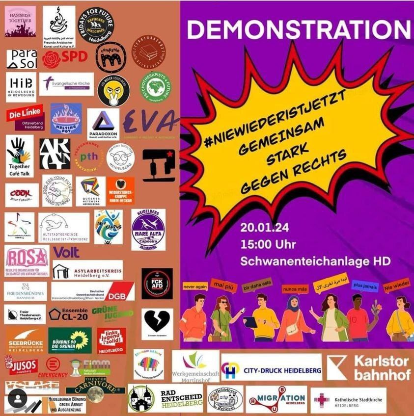 Morgen findet eine Demonstration in Heidelberg statt - "Gemeinsam stark gegen Rechts“.

Die Demonstration wird in die Deutsche Gebärdensprache verdolmetscht.
 
Wann: 15 Uhr am 20.01.2024
Wo: Schwanenteichanlage, Poststraße 46, 69115 Heidelberg

#Tagesschau