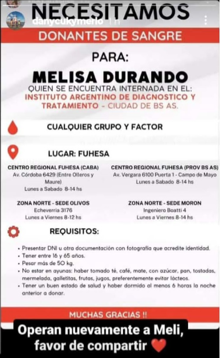 La familia de Melisa Durando, una de las personas afectadas por el derrumbe en #BahienseDelNorte durante el temporal del 16 de diciembre pasado, lanzó una nueva campaña de búsqueda de donación de sangre.