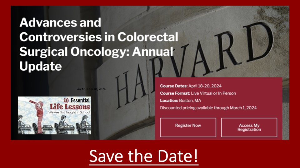 No more excuses or claiming that CME, ISR, or intracorporeal anastomosis were not part of your fellowship training! Experience Boston during Marathon week April 18-20, 2024 & get hands-on workshops with live or virtual lectures on hot colorectal onc topics tinyurl.com/HarvardCRSupda…