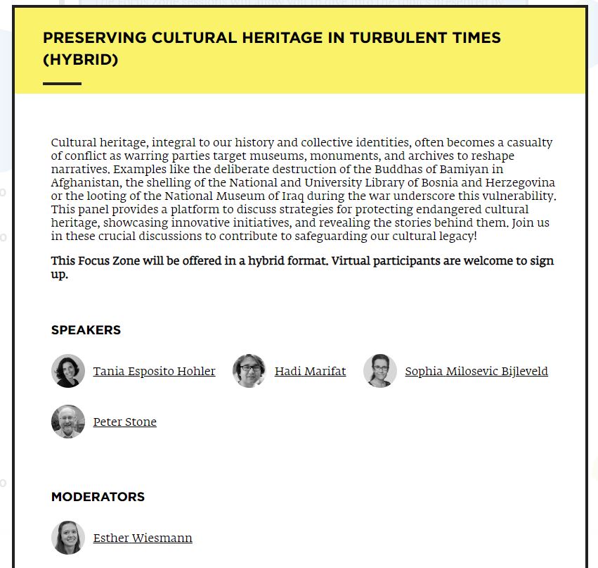 President Stone to speak on Preserving Cultural Heritage in Turbulent Times Panel, at @baselpeaceforum with @swisspeace January 25, 14:00 – 16:00 CET basel-peace.org/bpf-2024/?id=7… Join: tinyurl.com/yb9854xv Meeting ID: 399 604 488 356 | Passcode: TpbkXZ