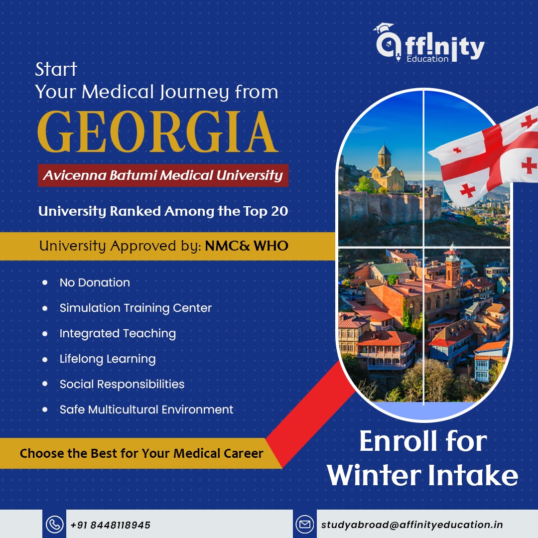 Start on your medical journey at Avicenna-Batumi Medical University, Georgia, with Affinity Education by your side. Achieve your MBBS dreams in a vibrant learning environment.

#AffinityEducation #MBBSAbroad #MedicalDreams