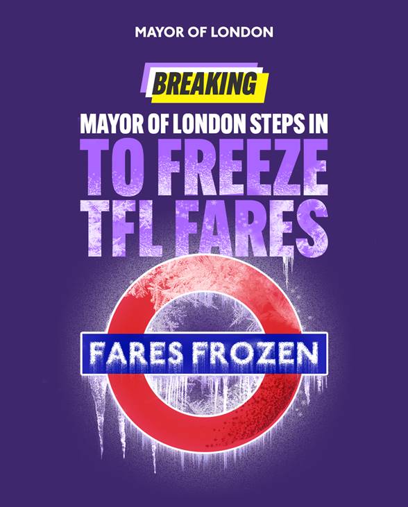 JUST ANNOUNCED: I’ve stepped in again to freeze all TfL fares as the cost-of-living crisis continues to hit Londoners hard. 

While people across the country face another hike in their rail fares, I'm not prepared to stand by and see Londoners face a similar hike.