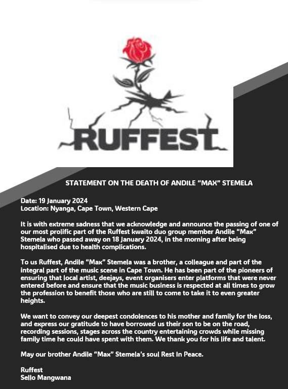 ruffest1's tweet photo. STATEMENT ON THE ANNOUNCEMENT OF THE DEATH OF ANDILE "MAX" STEMELA MEMBER OF RUFFEST  It is with extreme sadness that we acknowledge and announce the passing of one of our most prolific part of the Ruffestkwaito duo group member Andile “Max” Stemela #RIPMaxRuffest
@MaxxRuffest https://t.co/bPYIFR6JIA