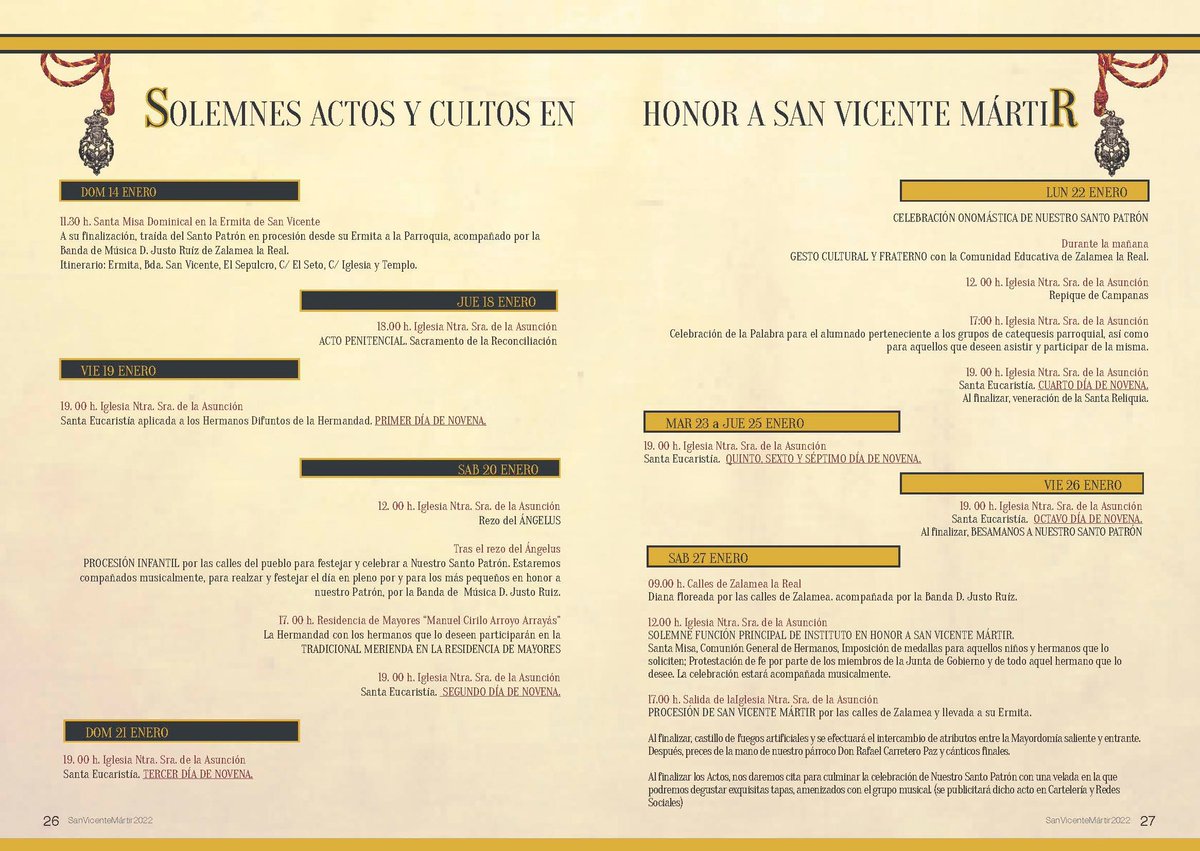 Fiestas en honor a  San Vicente Mártir, patrón de Zalamea la Real desde 1425.
Adjuntamos en cartel anunciador (obra de <a href="/josemazalamea/">JmvLazo</a> ) y el programa de actos que la propia Hermandad ha organizado entre los días 14 y 27 de febrero.
Zalameñas, zalameños, ¡Viva San Vicente Mártir!