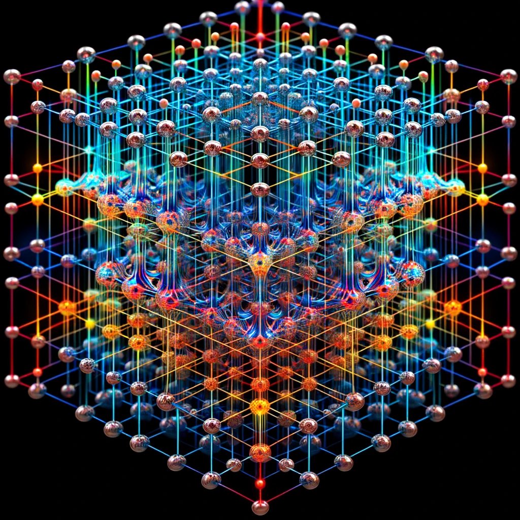 n_carl29979's tweet image. Here&apos;s the artistic representation visualizing the concept of pattern recognition in the interactions between #optically_cooled_atoms and the splitting of spectral lines. The image depicts a #crystal_structure with atoms in a periodic arrangement, connected by lines indicating…