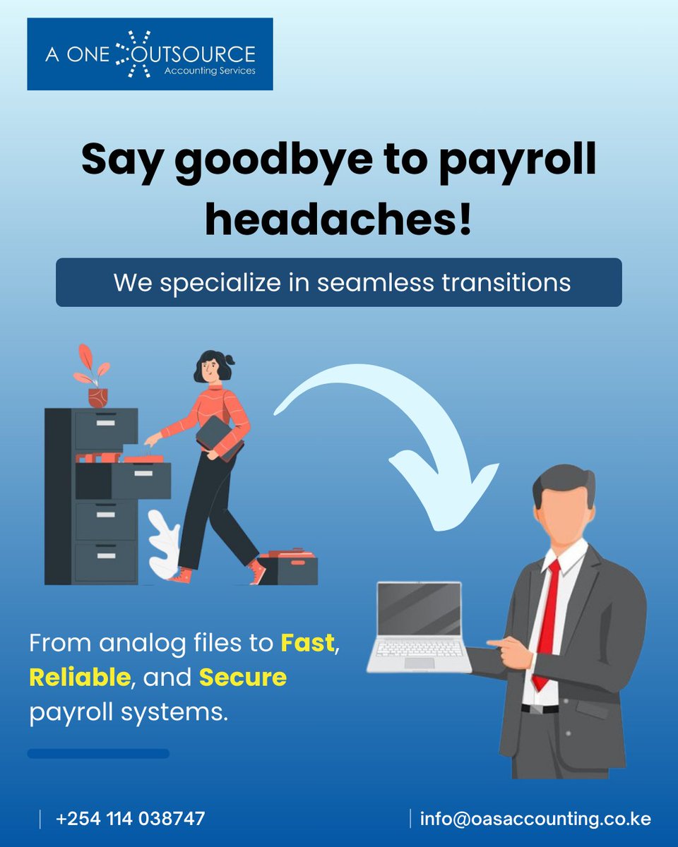 aone_ke's tweet photo. Say goodbye to payroll headaches! π
We specialize in seamless transitions from analog files to fast, reliable, and secure payroll systems. Let's simplify your payroll process for efficiency and peace of mind. πΌπ»
#PayrollSolutions #DigitalTransformation #aoneoas https://t.co/2XdWGOA8fk