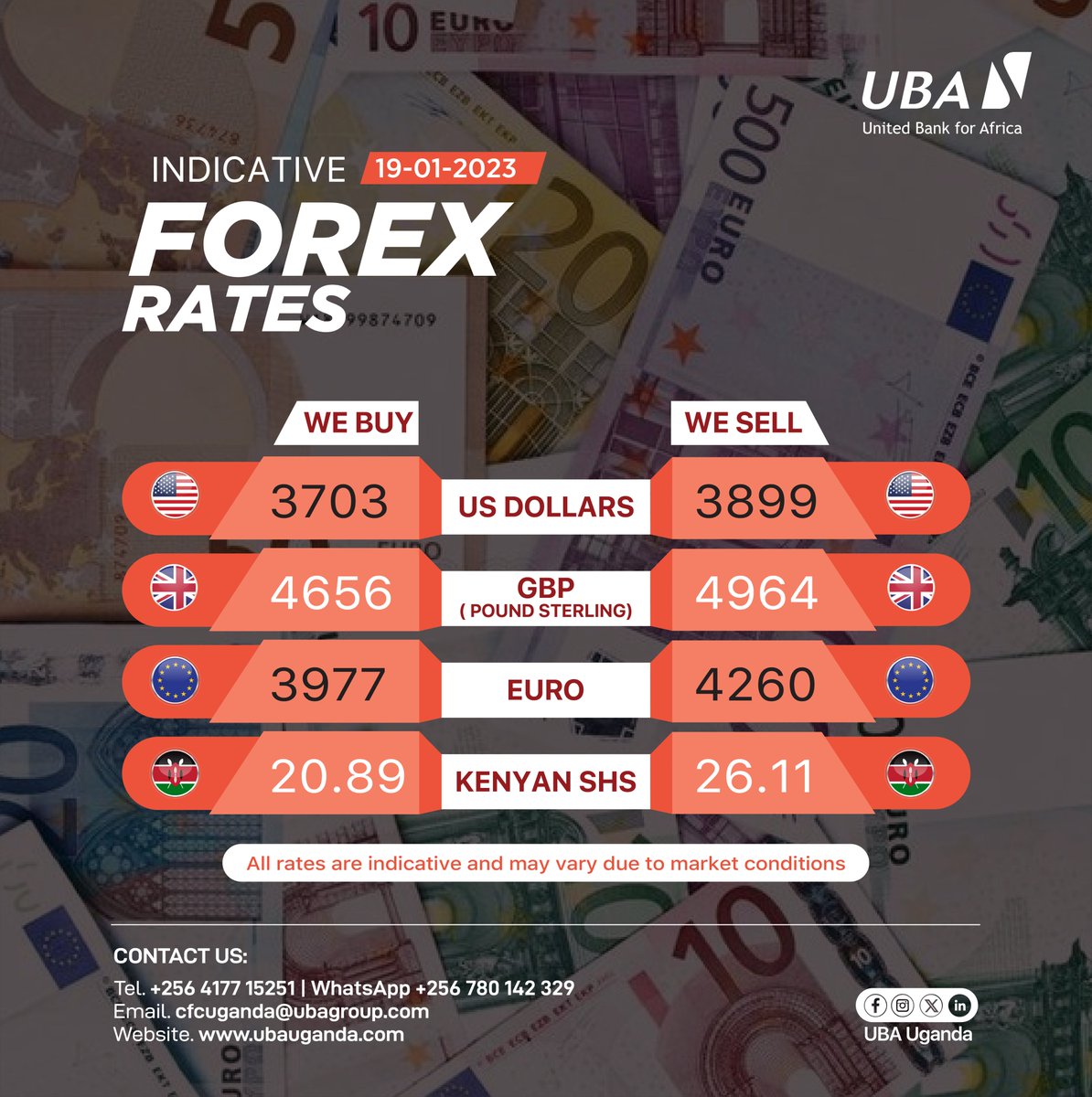 We are your trusted partners for all Forex exchanges. Visit any UBA branch today to exchange your currency. Here are today's rates. #UBAForex #AfricasGlobalBank #exchange #currencies #rates