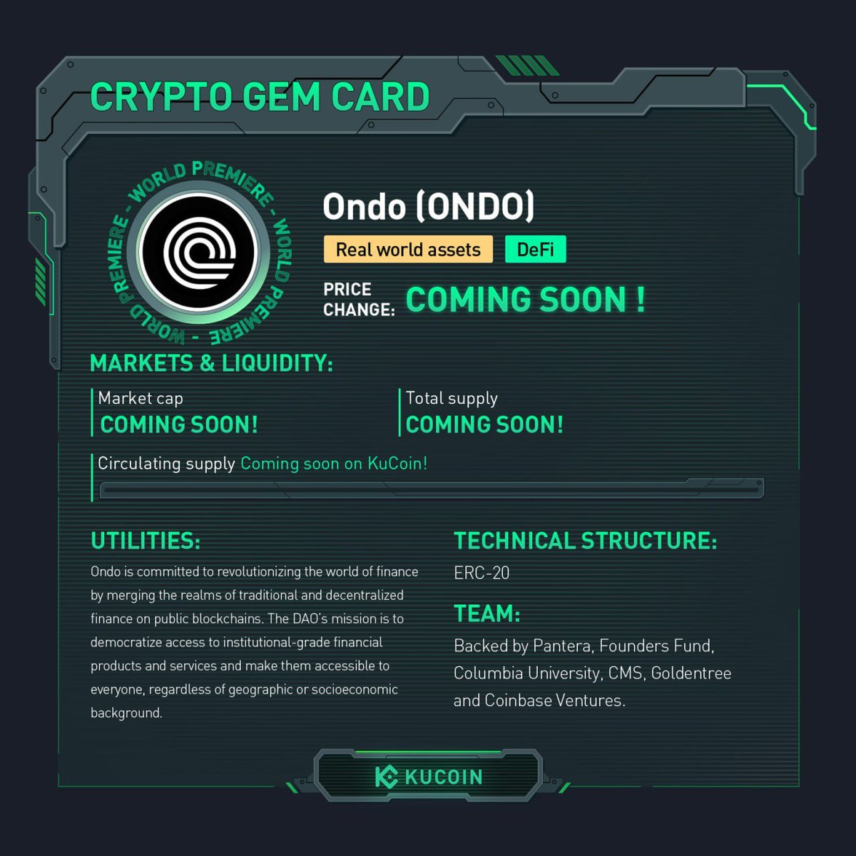 KuCoinLATAM's tweet photo. ¡$ONDO ya está disponible en #KuCoin!
🚀ONDO/USDT: https://t.co/PTlTxE1T6F
Descubre más sobre Ondo en la ficha de #KuCoinCryptoGem.
#ActivosDelMundoReal #DeFi
¿No tienes una cuenta de KuCoin? Registrate aquí (https://t.co/XOZI7un5Gl) https://t.co/YoZp4vv05d