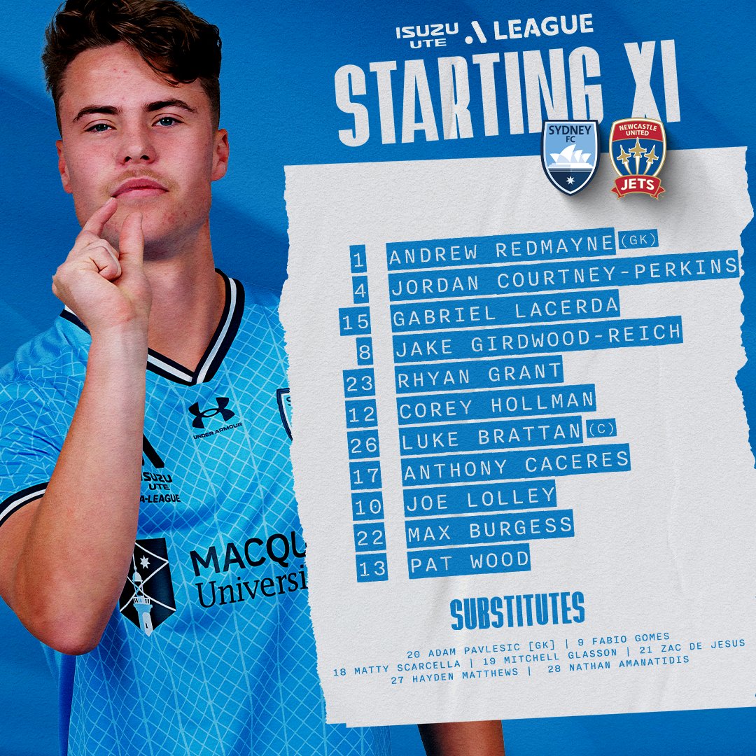 SydneyFC's tweet photo. 𝑺𝒕𝒂𝒓𝒕𝒊𝒏𝒈 𝑿𝑰 📋

3⃣ Three changes with Courtney-Perkins, Max Burgess &amp; Pat Wood coming into the XI
🏴󠁧󠁢󠁥󠁮󠁧󠁿 Joe Lolley starts after signing new deal
🎓 Hayden Matthews makes the bench for the first time

#SydneyIsSkyBlue | #SYDvNEW | Matchday Partner: IMAA https://t.co/a5GEcurJp7