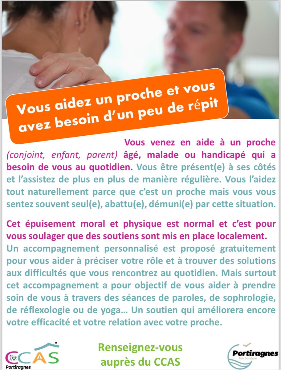 michouchane34's tweet photo. #ccas ⁦@VPortiragnes⁩ :
Ouverture d’un dispositif « d’aide aux aidants » : un accompagnement gratuit pour soutenir et soulager « ceux qui aident » au quotidien. 
Les aider à prendre soins d’eux-même pour bien aider à leur tour. https://t.co/boLRI5JtKI