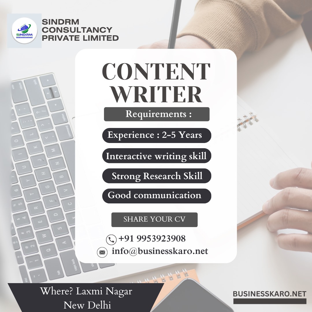 Businesskaro01's tweet image. We at Sindrm Consultancy are hiring a content writer, The qualities we are looking for are good communication skills, strong research skills, a creative mindset, and experience of 2 to 5 years.

Location would be Laxmi Nagar, New Delhi
#contentwriterjob #businesskaro