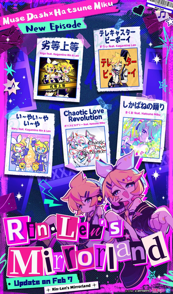 MuseDash_EN's tweet image. ◤◢◤◢◤Rin·Len's Mirrorland◢◤◢◤◢
The stage construction team found 5 posters with titles and covers printed on the graffiti left by Rin &amp;amp; Len. Are they the trailers of new songs?!
Wait, is there something hidden behind🔍
◤◢◤◢◤◢◤2024.02.07◢◤◢◤◢◤◢