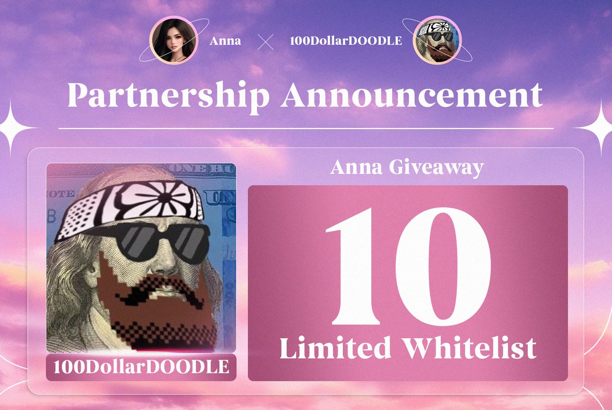 Anna_promoter's tweet photo. 🪩 𝐇𝐚𝐩𝐩𝐲 𝐆𝐢𝐯𝐞𝐚𝐰𝐚𝐲 𝐃𝐚𝐲 𝐈𝐈 𝐖𝐡𝐢𝐭𝐞𝐥𝐢𝐬𝐭 𝐏𝐫𝐢𝐳𝐞 🪩

🎁 10 100Dolla Whitelist
➖ MINT: 0.2 Matic

➡️ Follow @Anna_promoter &amp; @DollarBlue3
➡️ Retweet &amp; 🩷 , tag 3 friends

🔚 𝚃𝚒𝚖𝚎𝚕𝚒𝚗𝚎: 19-21 Jan

♟️ Opensea https://t.co/0nMGFMoAEh

#NFTgiveaways https://t.co/8lBCcuvSp7