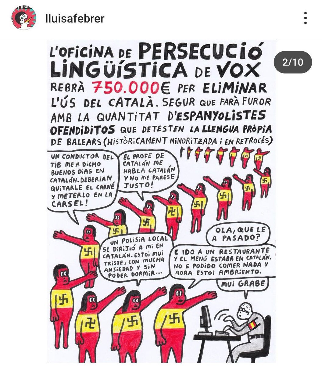 Mocs ha denunciat aquesta vinyeta de Lluïsa Febrer perquè ridiculitza l’Oficina de defensa del castellà i contra la imposició del català (sí, han creat això).

Seria una llàstima que es fes viral i arribàs a molta gent, no trobeu?