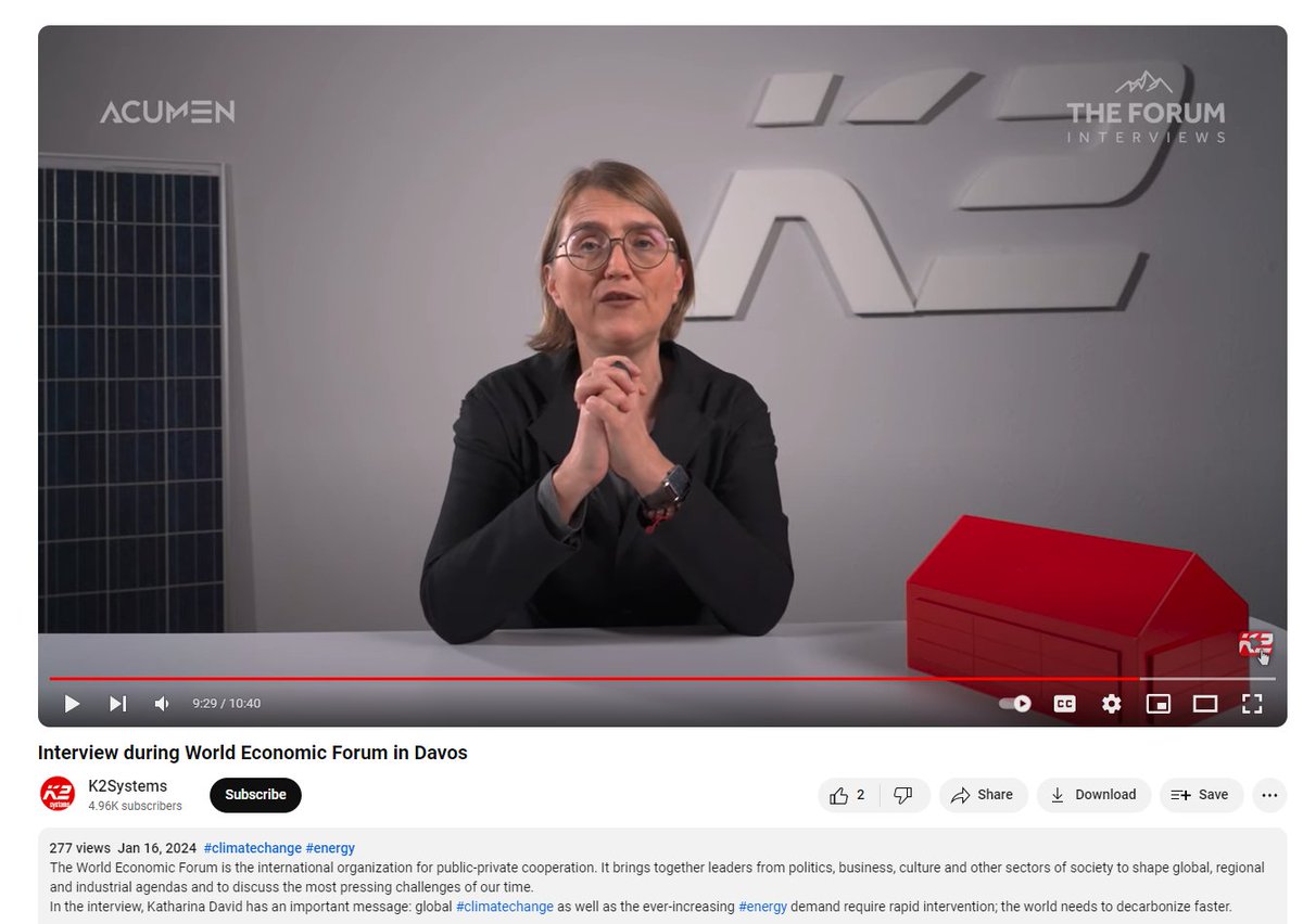 Good interview with K2's  Katharina David. @k2systems supporting a more #sustainablefuture with solar energy. #IoT #Industry40 #innovation #altenergy @K2Systems  @wef  youtu.be/OLipwk3SyHY?si… #Renningen @BMWK