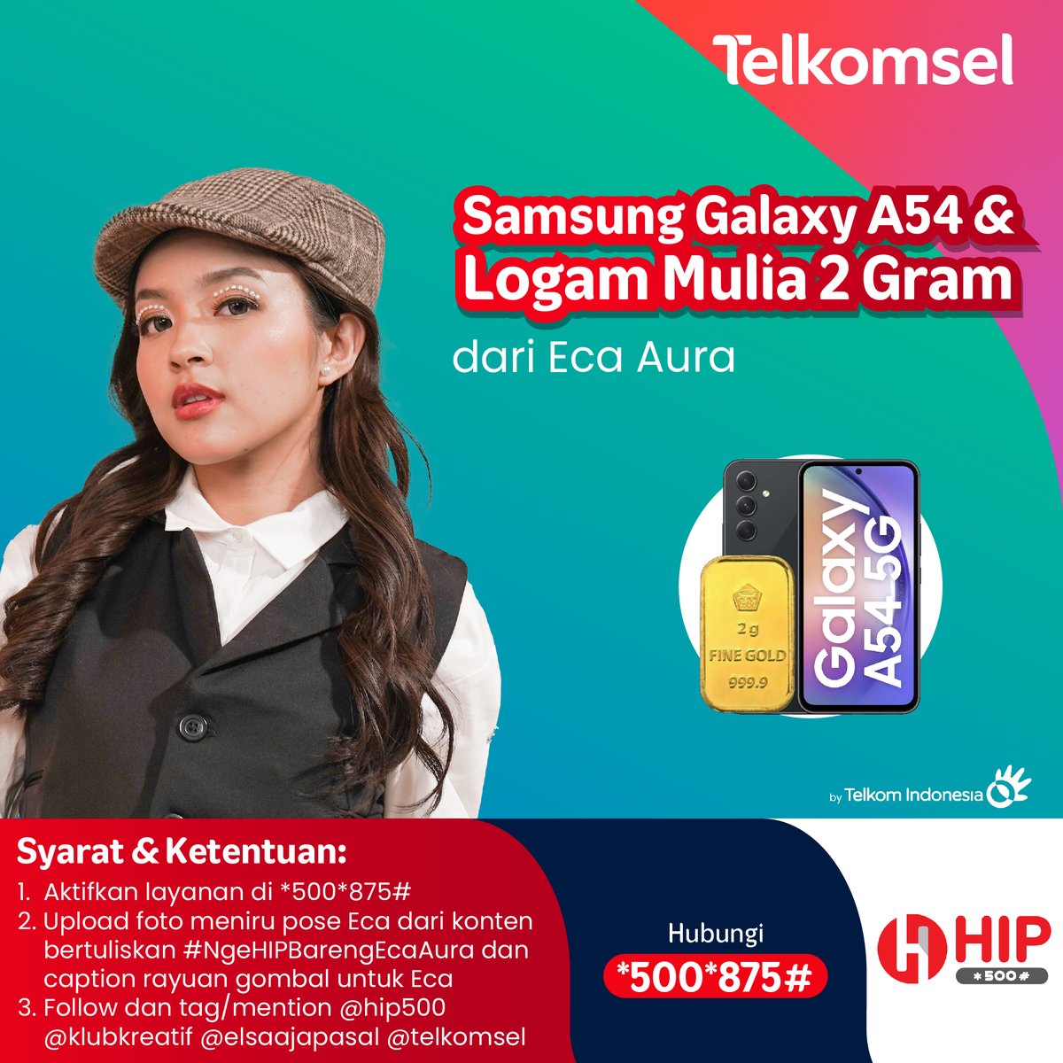 Telkomsel's tweet photo. Ngefans sama Eca Aura? Yuk, upload fotomu yang lagi meniru pose Eca dari konten #NgeHIPBarengEcaAura + kasih rayuan buat Eca pada caption, biar bisa menangin Samsung Galaxy!
Hubungi *500*875# dan cek juga info lengkapnya di #NgeHIPBarengEcaAura.
#hip500 #telkomsel #ngehipbareng https://t.co/Bt5vqz4ah7