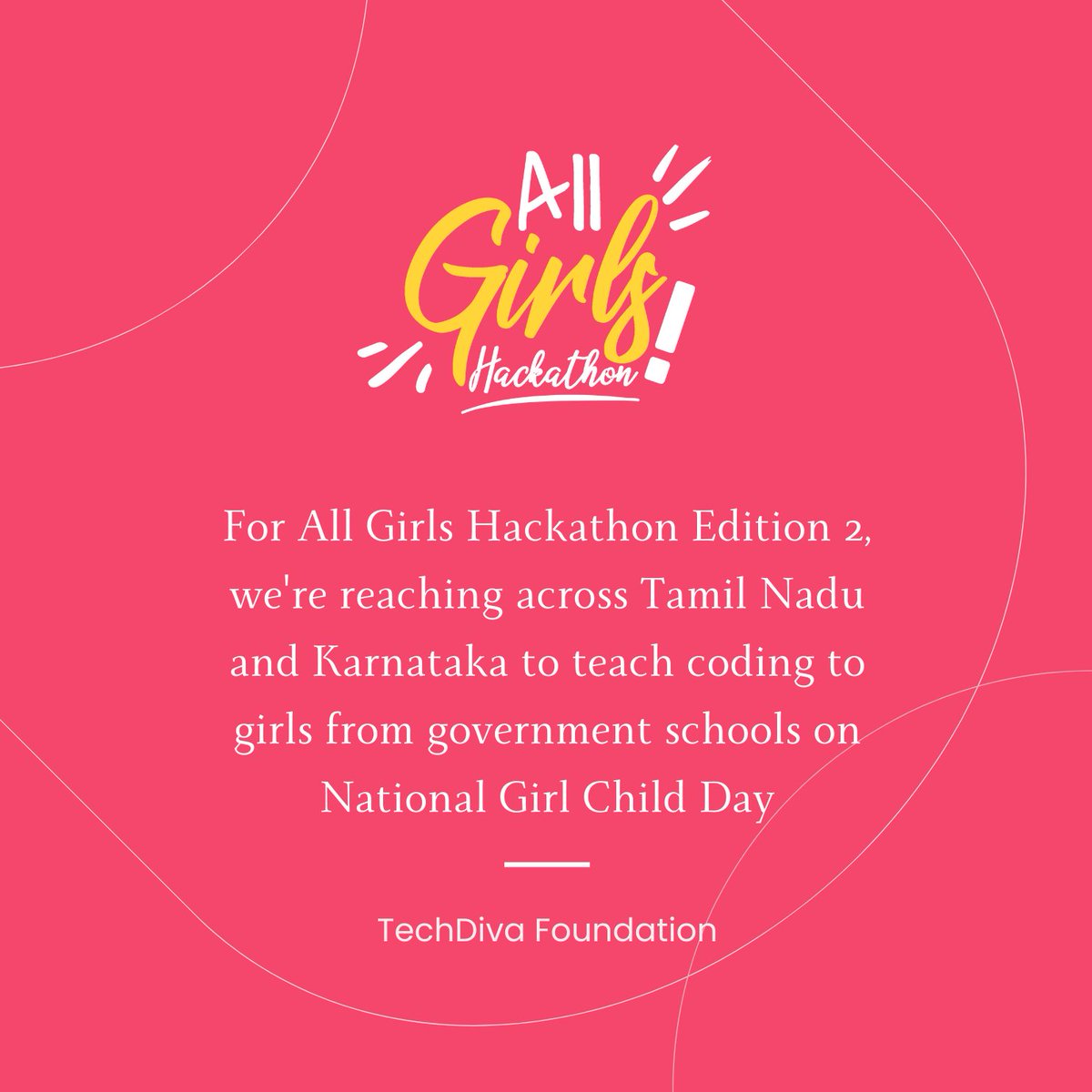 WeAreTechDiva's tweet photo. Big News! TechDiva Foundation announces All Girls Hackathon Edition 2 on Jan 24, 2024, National Girl Child Day. Expanding to Tamil Nadu &amp; Karnataka, reaching government &amp; aided school girls in middle and high school. #AllGirlsHackathon #GirlsInTech #NationalGirlChildDay #TechDiva https://t.co/JEwuPC9p8q