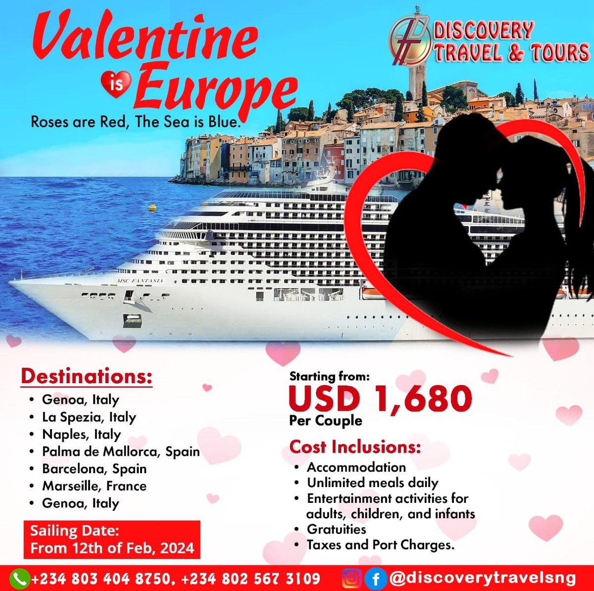 Set sail on a romantic adventure this Valentine's Day with our luxurious European sea cruise! Indulge in the breathtaking views of Spain, France, and Italy as you and your beloved create timeless memories on the open seas.
#ValentineCruise #RomanceAtSea