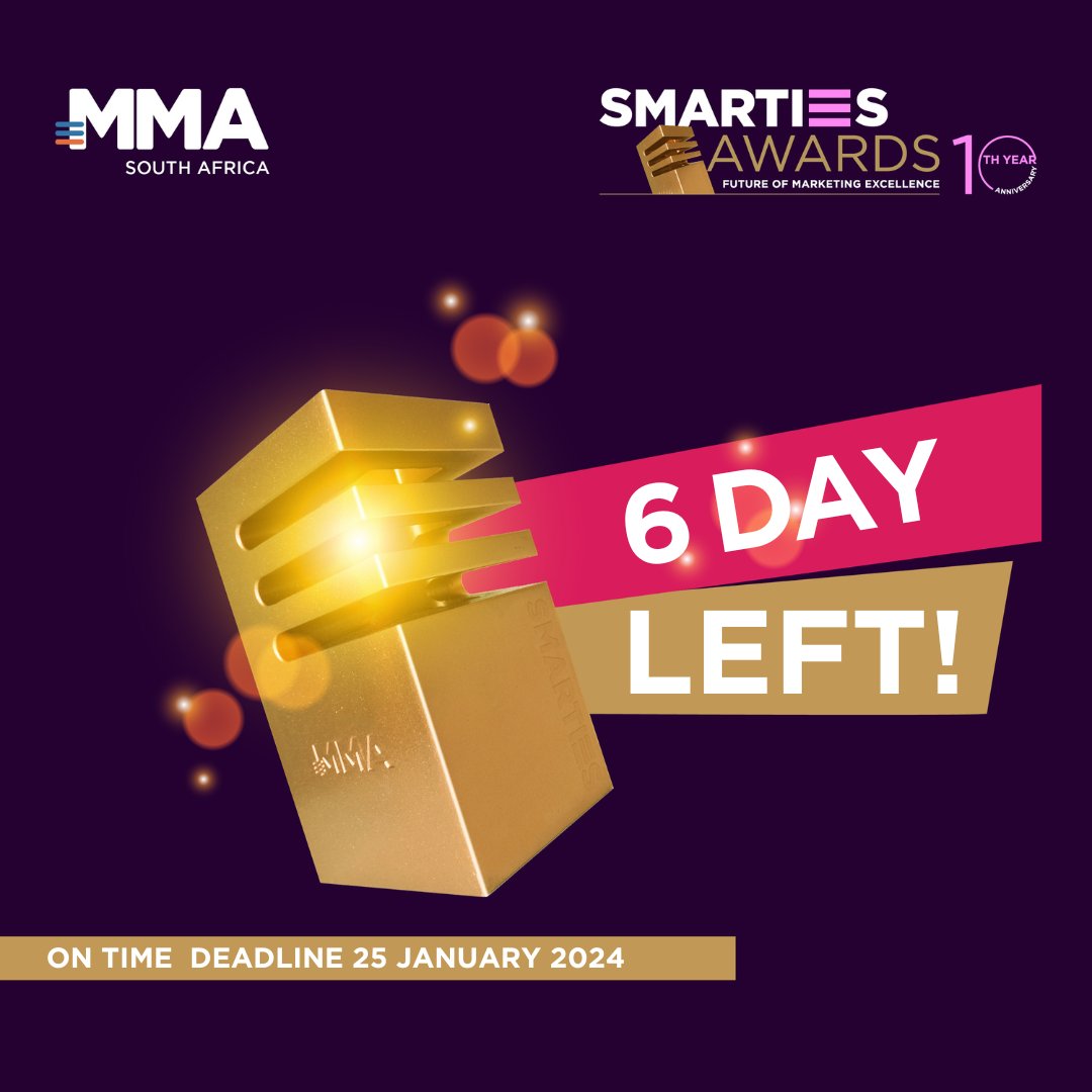 📣 Smarties SA 2023 On-Time deadline is fast approaching, 25 January 2024!

Submit today! lnkd.in/exNmbCns

Smarties SA celebrates the best marketing campaigns and initiatives from across Africa.

💌  Email the Smarties South Africa team smartiessa@mmaglobal.com
