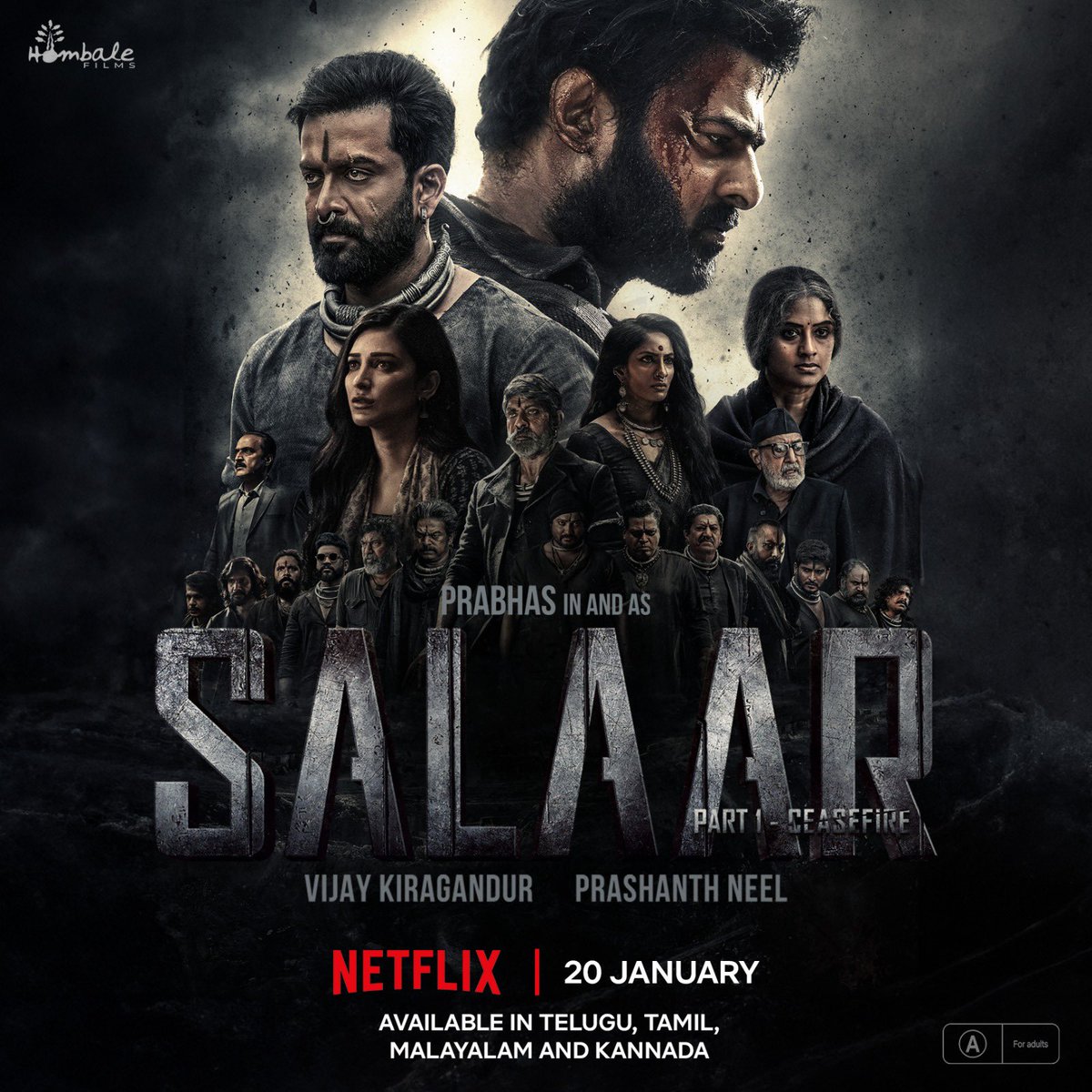 Get ready for the action extravaganza 💥 #SalaarCeaseFire streaming on @NetflixIndia from Jan 20 in Telugu, Kannada, Malayalam & Tamil. #Salaar #Prabhas #PrashanthNeel @PrithviOfficial @shrutihaasan @VKiragandur @hombalefilms @ChaluveG @IamJagguBhai @sriyareddy @RaviBasrur