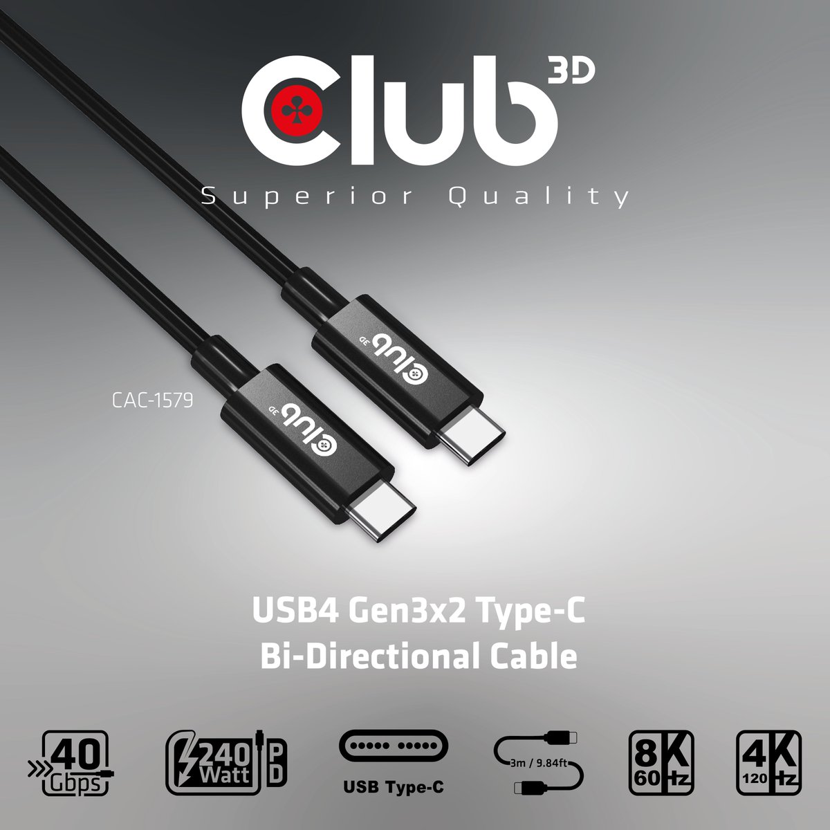 Unleash the future of connectivity with Club 3D's CAC-1579 USB4 Gen3x2  Type-C Cable! Connect, charge, and experience 8K visuals at 60Hz or 4K at 120Hz with blazing 40Gbps data transfer. Charge your devices  with 240W power delivery over a single cable. Bidirectional &amp; universal!
