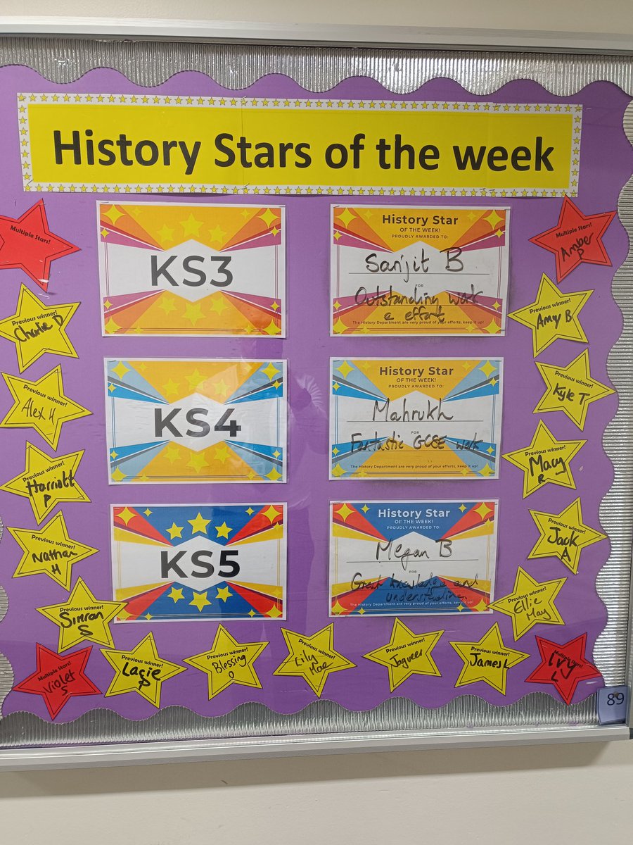 AHS_History1's tweet photo. Well done this week's history stars, Miss McGrath nominated the fantastic Sanjit from yr9, Miss Nuttall nominated Mahrukh from yr10 and Mr Berry nominated yr13s Megan for her great knowledge and understanding. Well done all! 👏🌟👏🌟 https://t.co/fbRjomJx6k