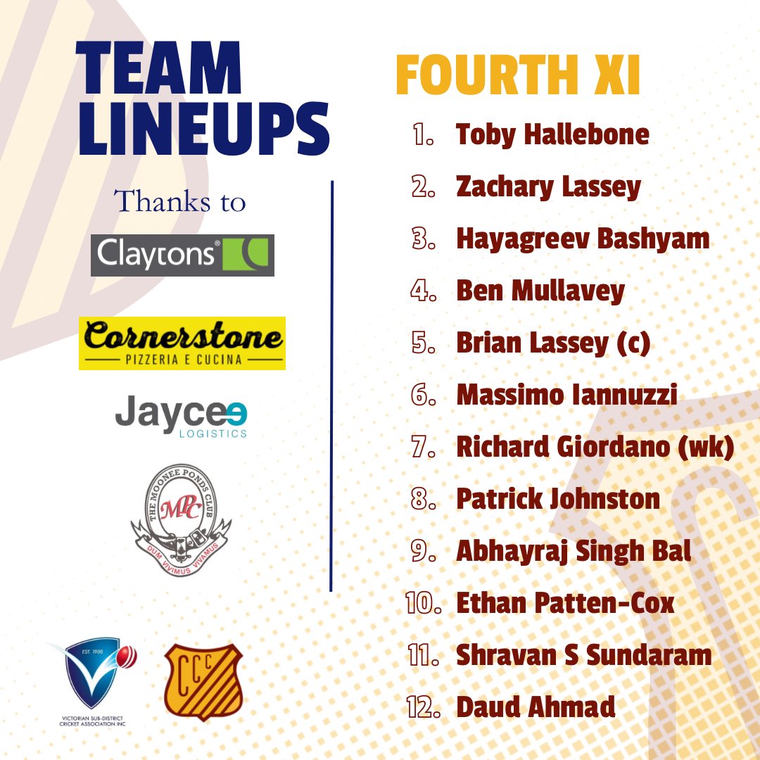 Here’s how we line up this weekend as the one day games continue. 

1s and 2s v Hoppers Crossing 
3s and 4s v St Bernard’s 

Good luck to all XIs, bring home the win! 

Go burgs 🍔

Team brought to you by Cornerstone Pizzeria and Moonee Ponds Club