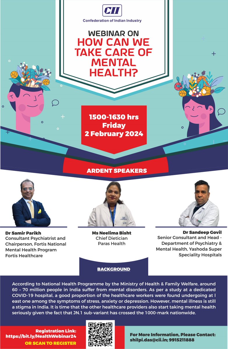 cii4nr's tweet image. The CII Northern Regional Committee on #Healthcare is organising a Webinar on ‘How Can We Take Care of #MentalHealth 🧠?’ Save the date: Friday, 🗓️2 Feb 2024, from ⌛️15:00 - 16:30 hrs.

Join us by registering now🤝: bit.ly/HealthWebinar24

#WellBeingWebinar #MindMatters #CII4NR