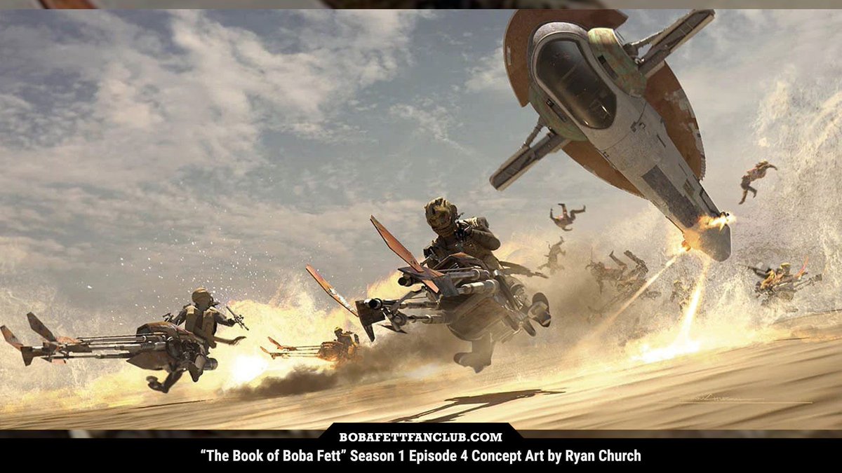 On this day in 2022, #TheBookOfBobaFett Chapter 4 premiered, featuring a sequence based on this concept art by Ryan Church (<a href="/rchurchdesign/">Ryan Church</a>)

"The Gathering Storm" was written by <a href="/Jon_Favreau/">Jon Favreau</a> and directed by Kevin Tancharoen (<a href="/KTANCH/">Kevin Tancharoen</a>)

#BobaFett #StarWars #DailyFett