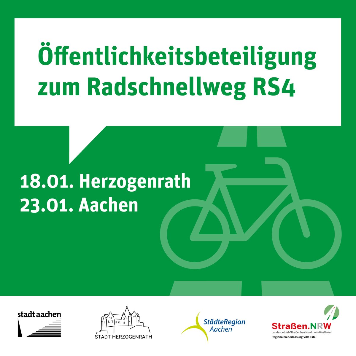 🚲 Radschnellweg RS4 zwischen Aachen und Herzogenrath: Hier könnt ihr euch informieren! 🚲

Am Dienstag, 23. Januar, 17 bis 20 Uhr, findet eine Info-Veranstaltung in der Aula des Schulzentrums Laurensberg statt.

➡️ Weitere Infos: sohub.io/klx4