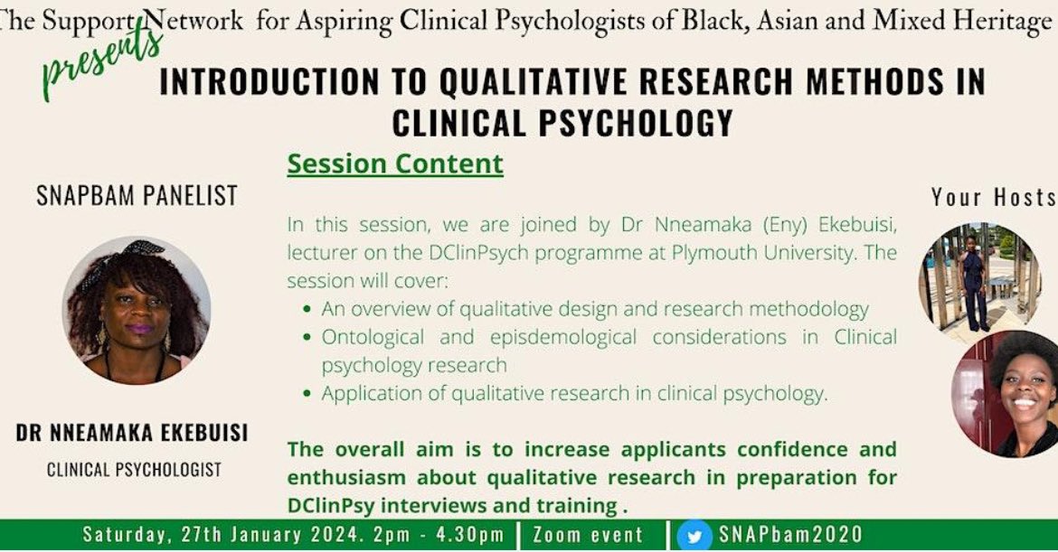 We are back with another event, in preparation for the upcoming interview seasons, we have invited Nneamaka Ekebuisi, a lecturer at Plymouth University who will facilitate a session on Introduction to Qualitative Research Methods in Clinical Psychology.