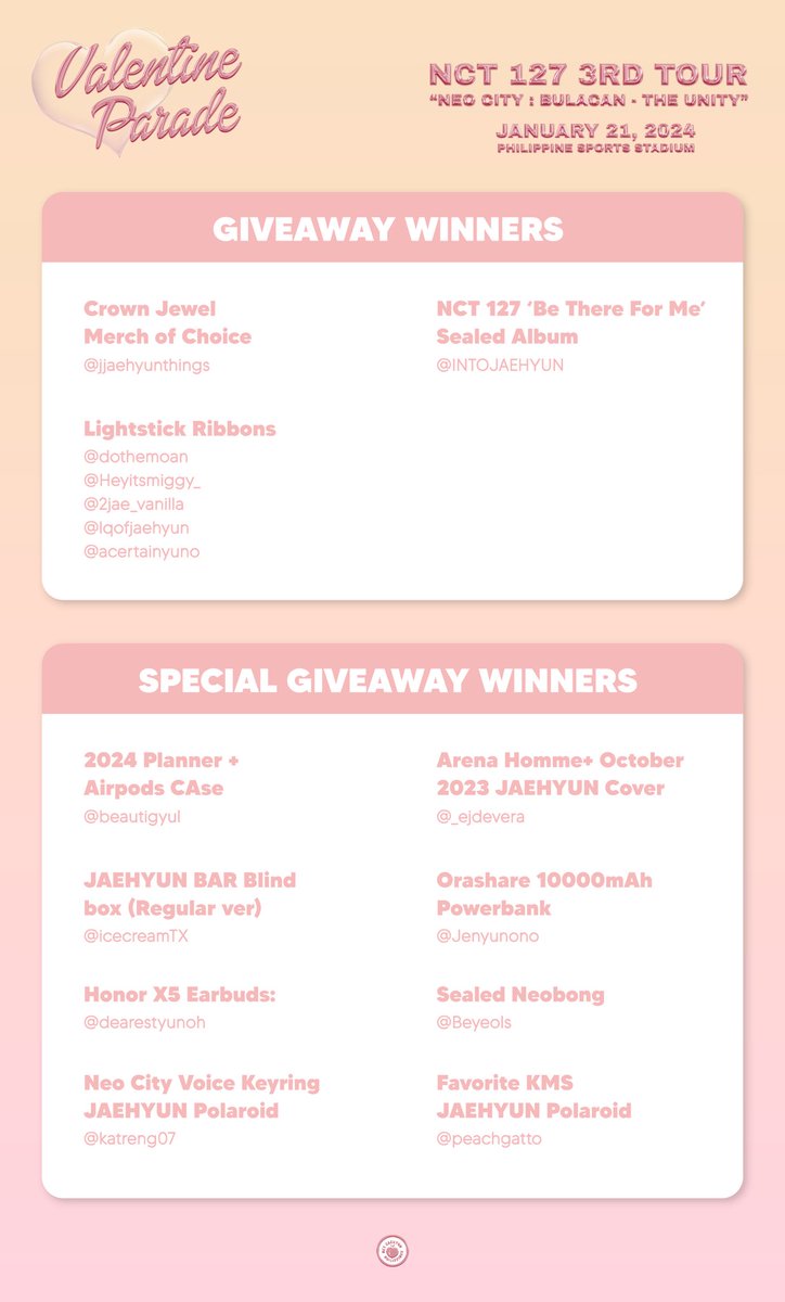 ᥫ᭡ 𝑽𝒂𝒍𝒆𝒏𝒕𝒊𝒏𝒆 𝑷𝒂𝒓𝒂𝒅𝒆 GIVEAWAY WINNERS Congratulations to all winners! You may claim your prizes on Sunday at the NCT JAEHYUN PH Fanhub table 🩷 #ValentineParade #재현 #NCT127 #NEOCITY_THE_UNITY_BULACAN