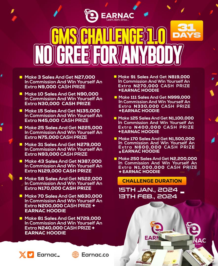 earnac_'s tweet photo. Join EARNAC GMS SALES CHALLENGE and make an extra 1 Million naira. 🚀

With just 26 days left, put your Affiliate marketing skills to the test.

Visit https://t.co/MJMlBuuEF3 to register and gain ACCESS to your Affiliate ACCOUNT plus ACCESS to the GMS SALES CHALLENGE.

#earnac https://t.co/Jiz7RZDy7V
