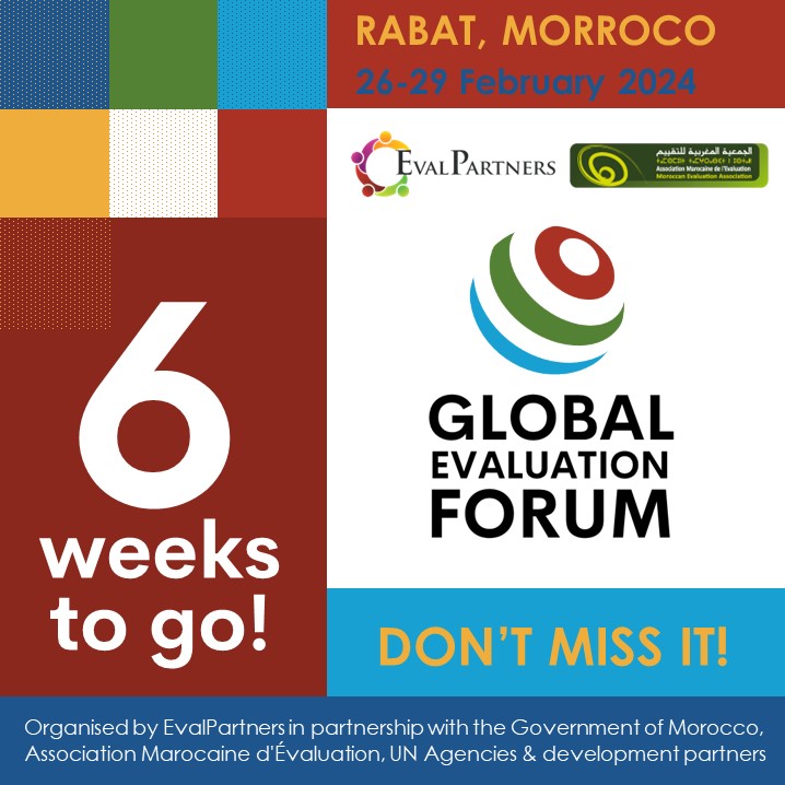 📣 In <6 weeks @EvalPartners will host the IV Global Evaluation Forum in 🇲🇦 Rabat #Morocco 🔴 Read more about the Forum here: bit.ly/EvalPartners-G… 🔴 A platform to make country-led evaluation a reality with a coalition of governments, parliamentarians, civil society & more