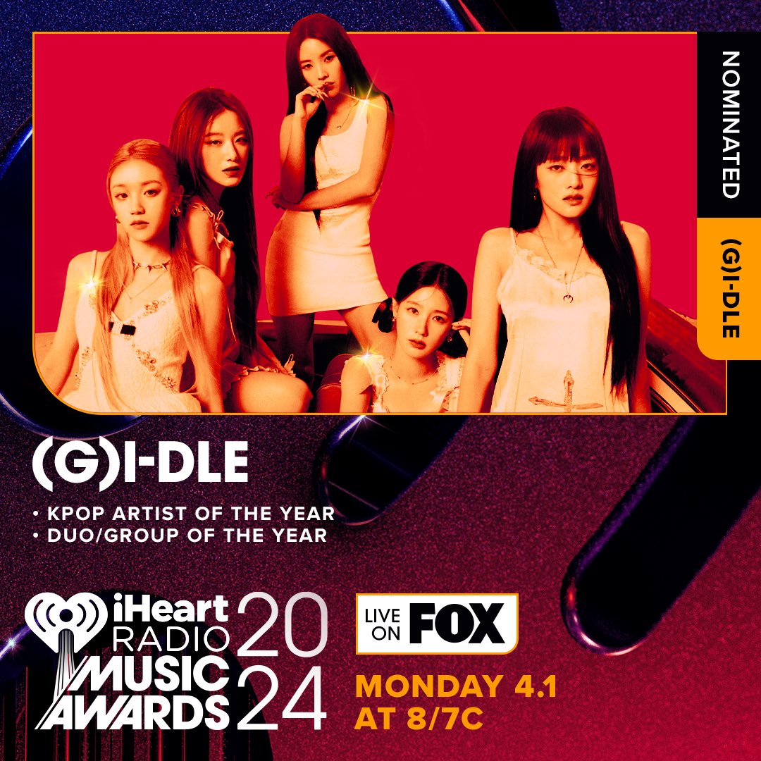 official_i_dle's tweet photo. [📢] (G)I-DLE is nominated for @iHeartRadio #iHeartAwards DUO/GROUP OF THE YEAR and K-POP ARTIST OF THE YEAR! ❤️💜 

NEVERLAND, thank you for your love and support! 🥳 @88rising

#여자아이들 #GIDLE https://t.co/Y4sKxT5rGb