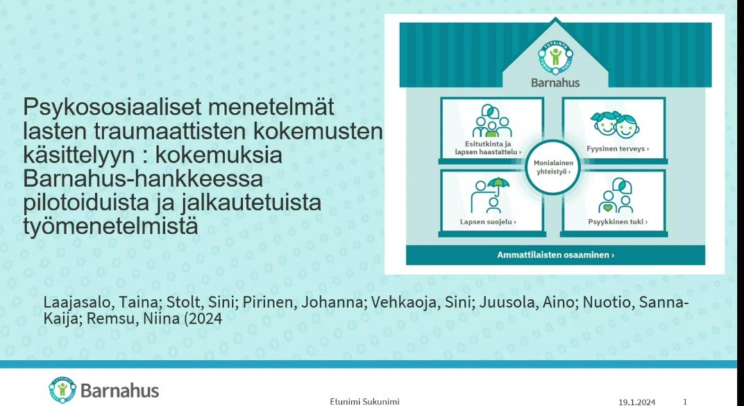 Olemme tänään julkaisseet työpaperin Barnahus-hankkeessa pilotoiduista ja jalkautetuista psykososiaalisista menetelmistä (TF-KKT, CFTSI ja LKK) lasten traumaattisten kokemusten käsittelyyn. Julkaisuun voit tutustua: urn.fi/URN:ISBN:978-9…