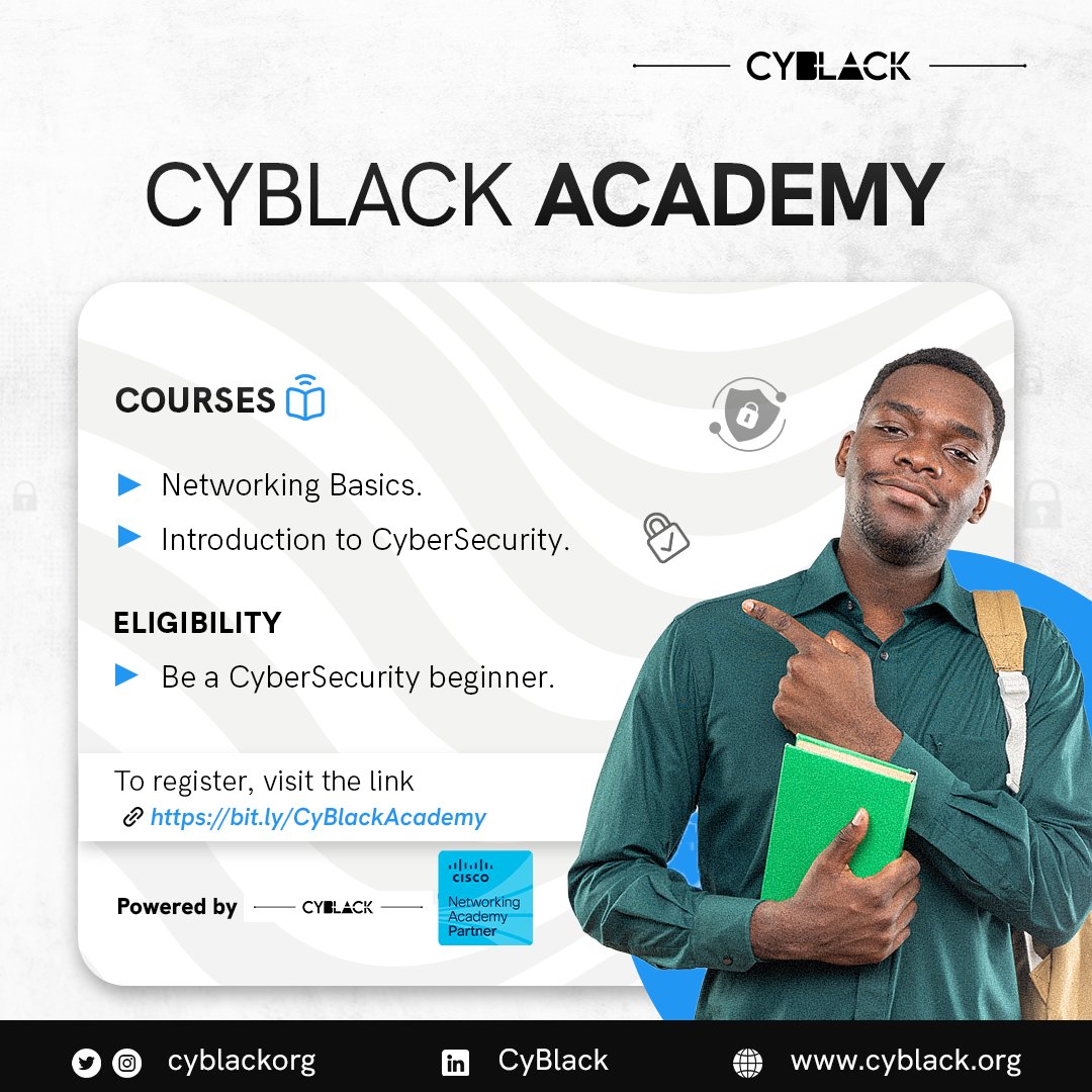 Cyblackorg's tweet image. We are starting CyBlack Academy, a new program that&apos;s aimed to help CyberSecurity beginners/enthusiasts of the black community begin their career in CyberSecurity by providing the benefits below to them:

1/6